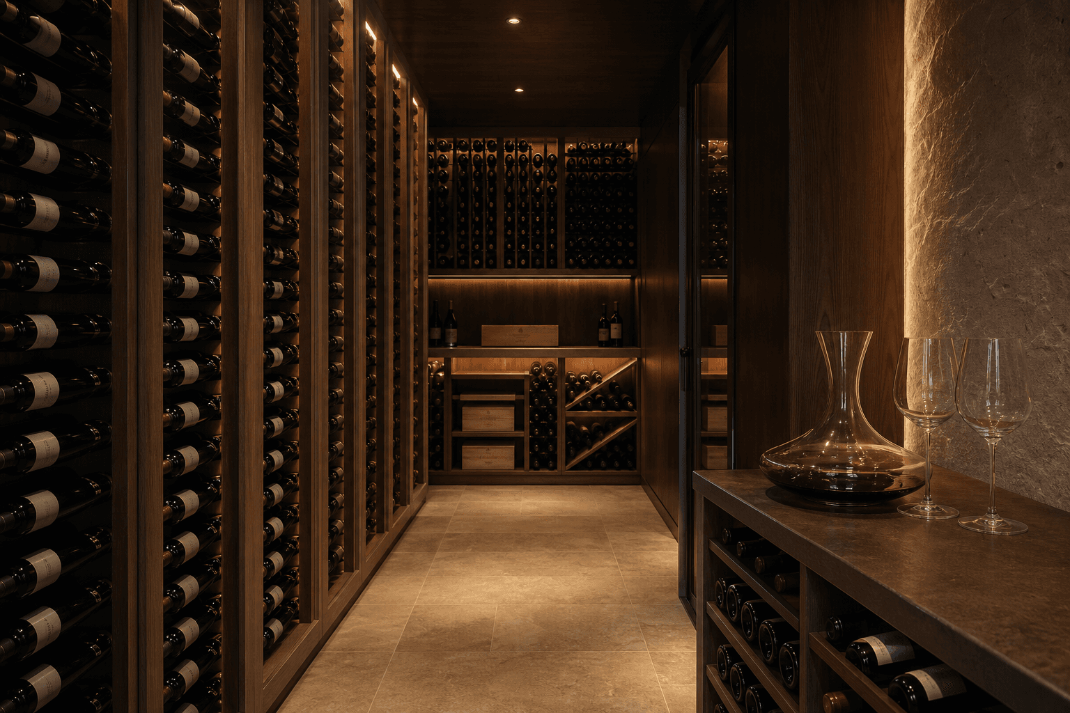 A meticulously organized modern private wine cellar